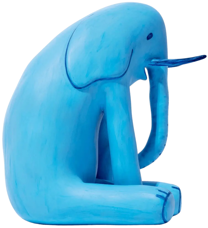 photo of sculpture depicting a blue cartoonish elephant. Buy David Shrigley, David Shrigley Prints, David Shrigley art, David Shrigley poster, david shrigley art prints