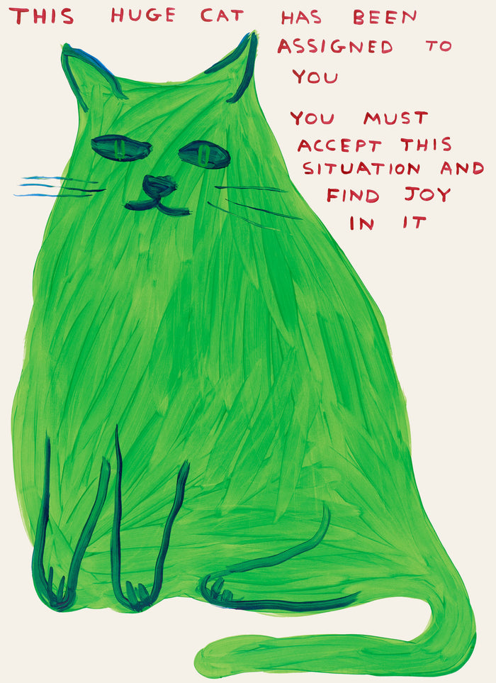 photo of an art print by david shrigley featuring a large green cat, depicted in a humorous and cartoonish style, with red text in uppercase stating 'this huge cat has been assigned to you / you must accept this situation and find joy in it'. david shrigley, shrigley art, david shrigley art, david shrigley prints, david shrigley prints