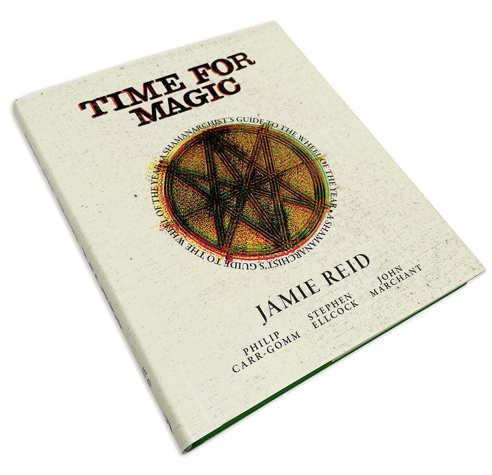 An image of Jamie Reid's TIME FOR MAGIC book, at an angle. The book has a magical symbol in the centre of its cover, and is displayed against a white background