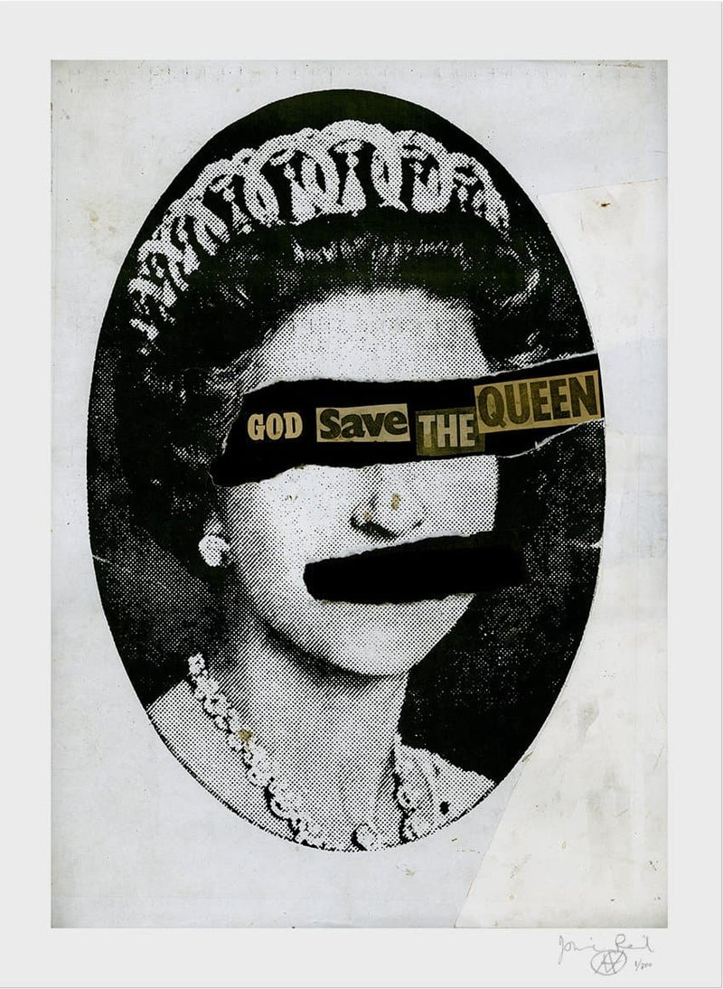 An image of Jamie eid God Save the Queen artwork, in black and white, with gold text. 