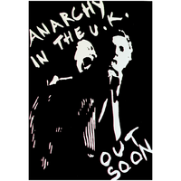 Anarchy in the UK promotional artwork for Sex Pistols produced by Jamie Reid. Image features silhouettes of singers, and text stating 'ANARCHY IN THE U.K.' and 'OUT SOON'. the artwork is a black and white screeprint.