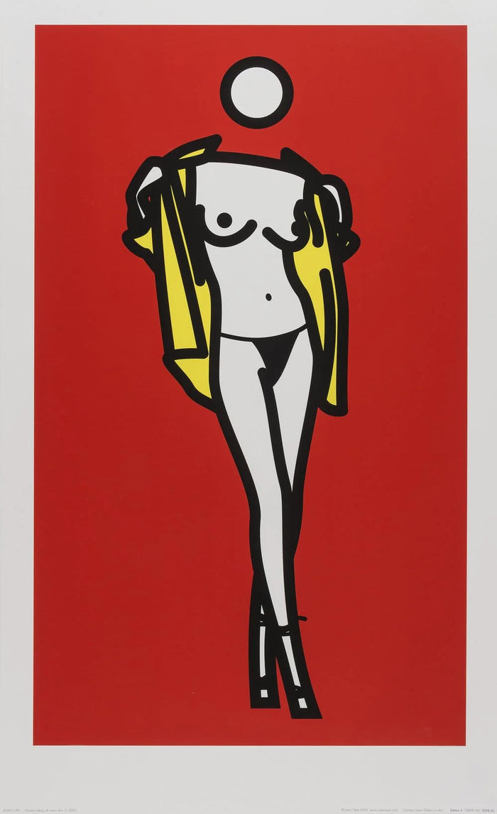 This artwork from Julian Pie titled Woman Taking off a man's shirt has silhoutte of a woman wearing lingerie and high heels taking off a yellow mans shirt on a red background