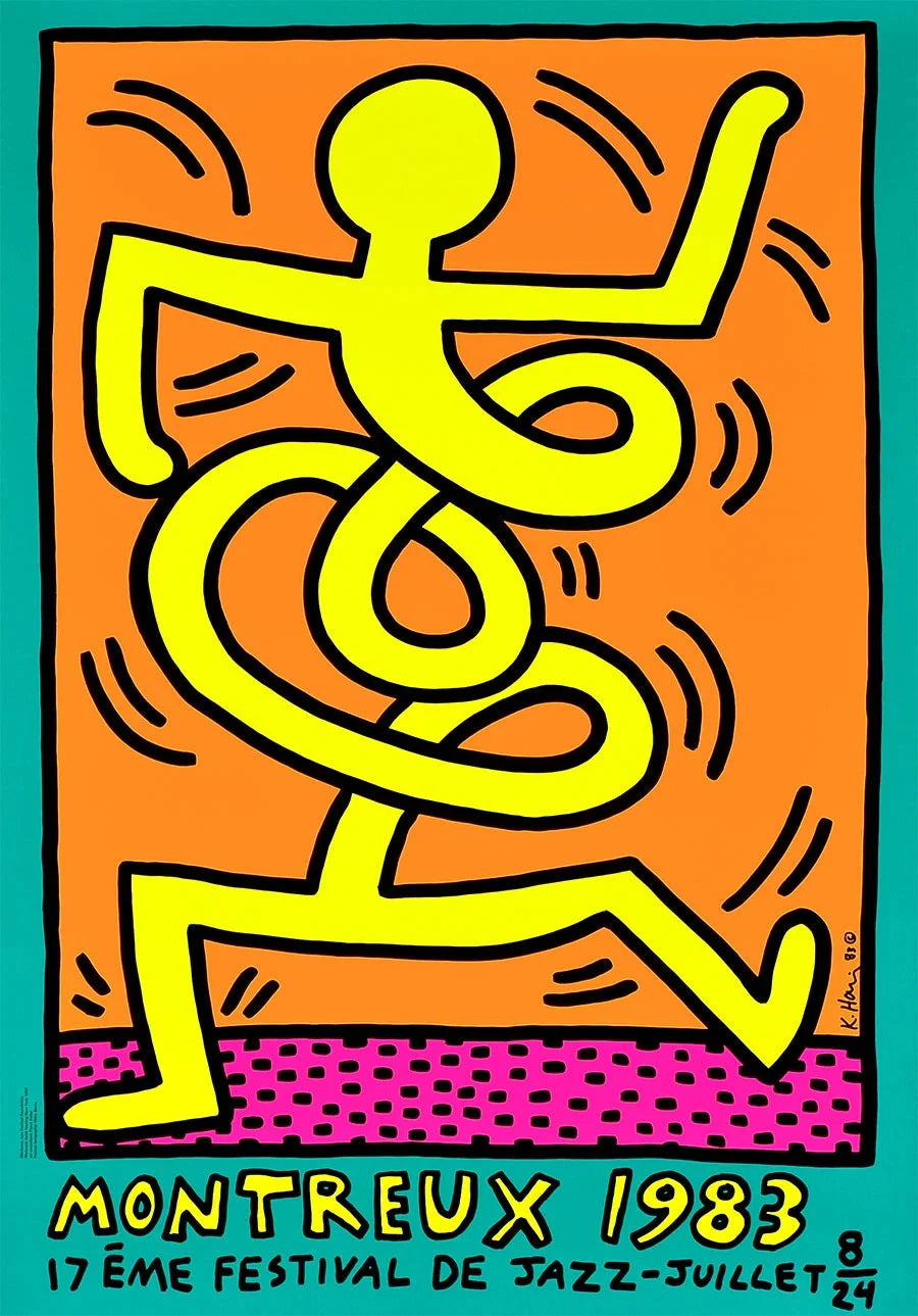 Keith Haring, Set of Montreux Jazz Festival Prints | Keith Haring Prints For Sale, Buy Keith Haring art prints, Keith Haring artwork.  Artwork in pop art style featuring twisting man. Colours are pink, orange and yellow. Montreux Jazz Festival Poster