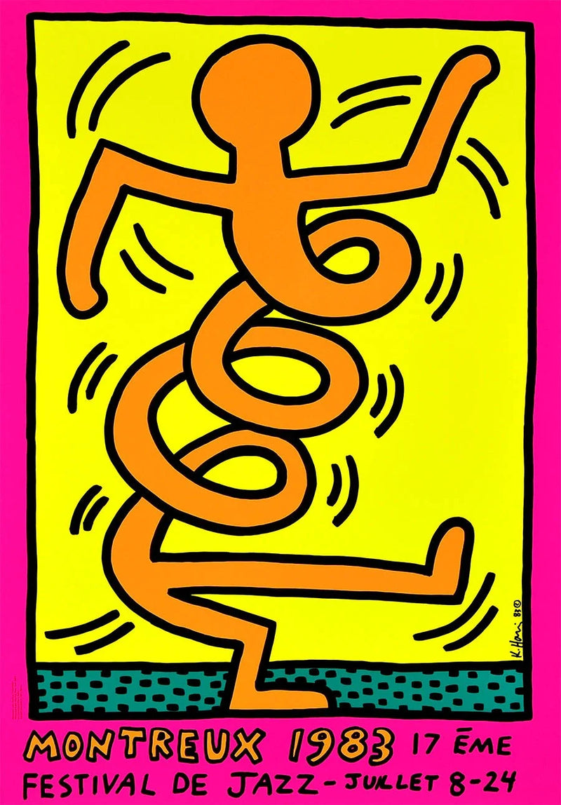 Keith Haring, Set of Montreux Jazz Festival Prints | Keith Haring Prints For Sale, Buy Keith Haring art prints, Keith Haring artwork.  Artwork in pop art style featuring twisting man. Colours are pink, orange and yellow. Montreux Jazz Festival Poster