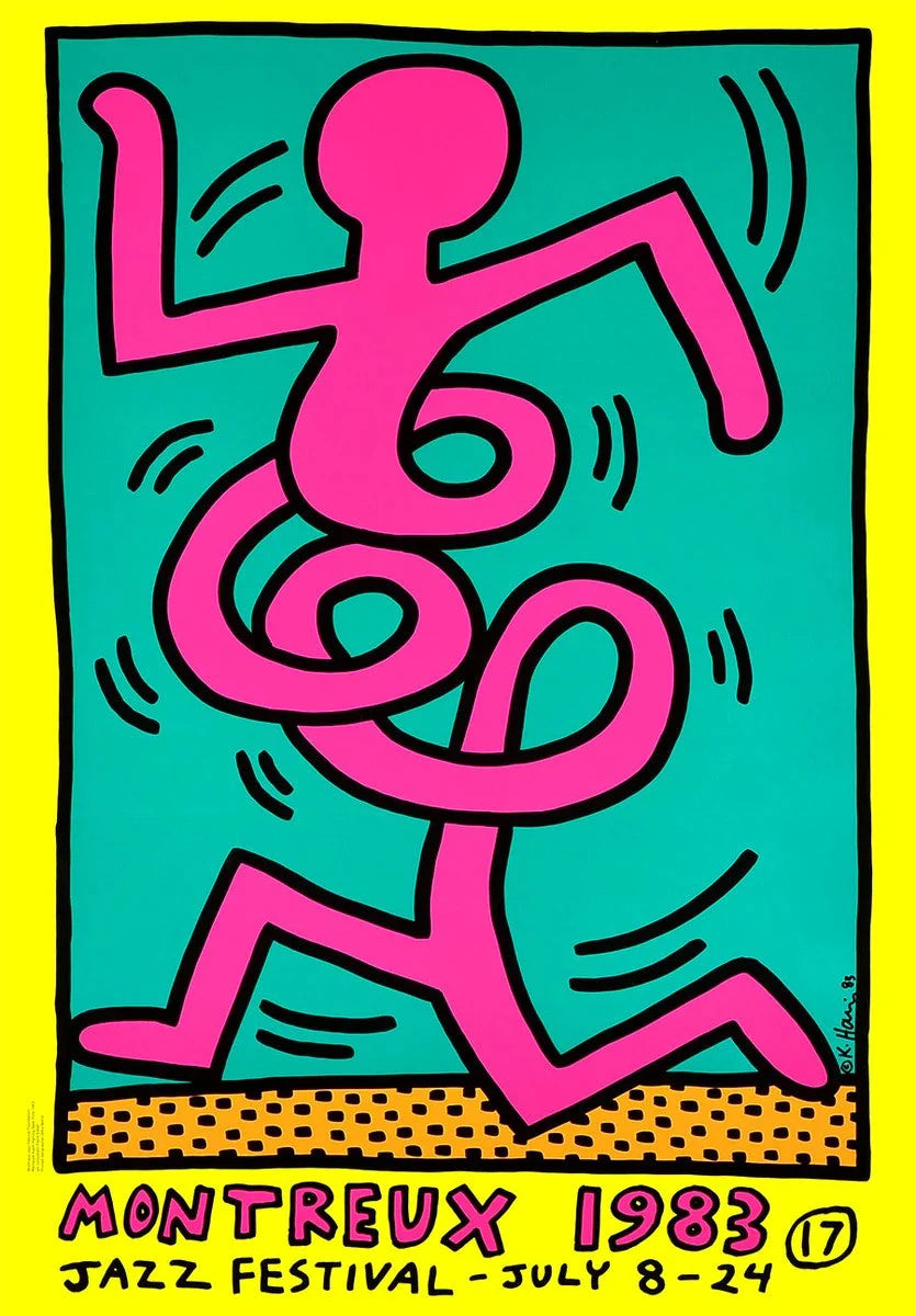 Keith Haring, Set of Montreux Jazz Festival Prints | Keith Haring Prints For Sale, Buy Keith Haring art prints, Keith Haring artwork.  Artwork in pop art style featuring twisting man. Colours are pink, orange and yellow. Montreux Jazz Festival Poster