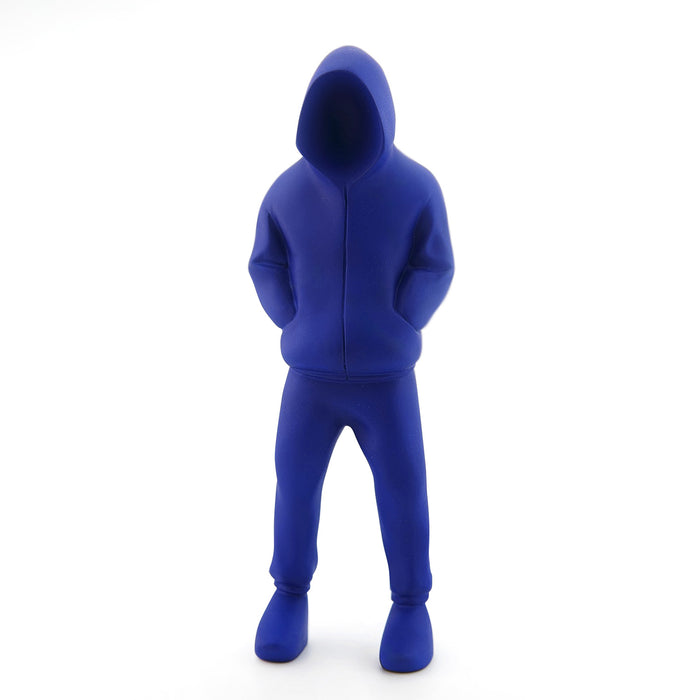 Rob Lenihans Cobalt Blue scuplture of a man with his hood up 