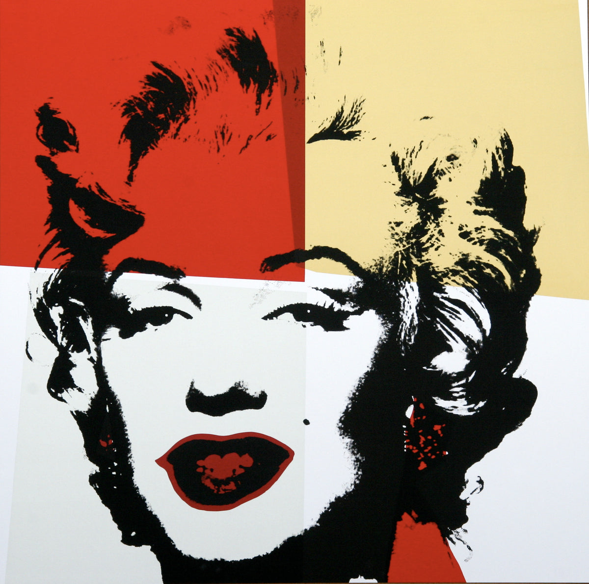 an image of a sunday b morning print after andy warhol titled 'golden marilyn 38'. the artwork features a black screenprint of marilyn monroe's face overlayed on a background of red, yellow, and white