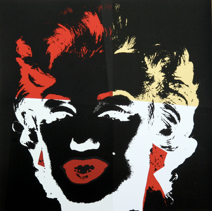 a sunday b morning print after andy warhol titled 'golden marilyn 39'. the artwork features a negative image of marilyn monroe's face on a black background, colourised in red, yellow, and white. this is a sunday b morning print for sale