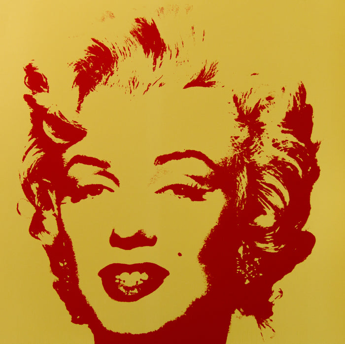 this is a sunday b morning print after andy warhol titled 'golden marilyn 40'. the artwork features a red screenprint of marilyn monroe's face on a golden background. this is a sunday b morning print for sale