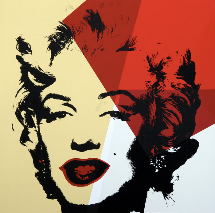 an image of an artwork by andy warhol titled Golden Marilyn 42. the artwork features a black stencilled image of marilyn monroe's face on a background of gold, red, and white. this is a sunday b morning print