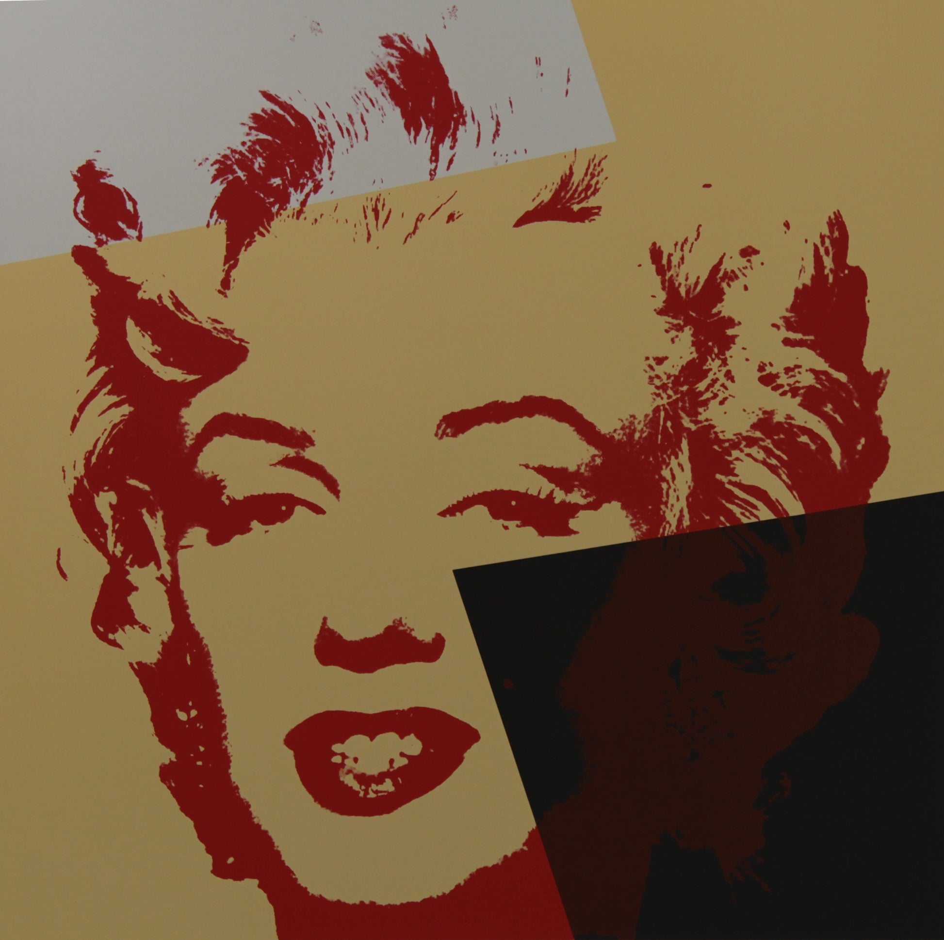 an image of an artwork by andy warhol titled 'golden marilyn 44'. the artwork features a stencilled print of the face of marilyn monroe, printed in red over a background of gold, black, and white. this is a sunday b morning print for sale.