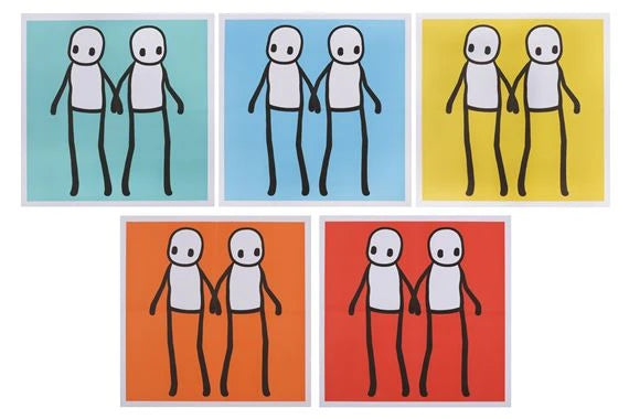 STIK, Full Set Of Hackney Holding Hands Prints 2020 | STIK Prints for Sale 5 x Lithographic print in colour (Red, Yellow, Orange, Blue & Teal) STIK prints for sale, Buy STIK art prints, STIK street art prints. Image shows 5 square images side by side, each image showing a piece of artwork with two stick figures holding hands. Each of the five pieces has a different background colour. in this order: teal, blue, yellow, orange, red.