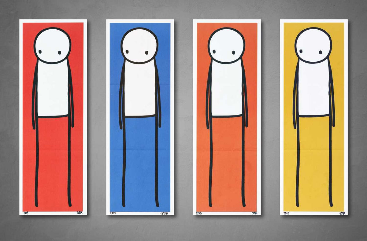 STIK, Full Set of Signed Big Issue Print 2020 | STIK Prints for Sale, Buy STIK art prints, STIK street art prints. Image shows set of four pieces of artwork in street art style, each with a singular stick figure stood tall, on backgrounds of differing colours: red, blue, orange, and yellow