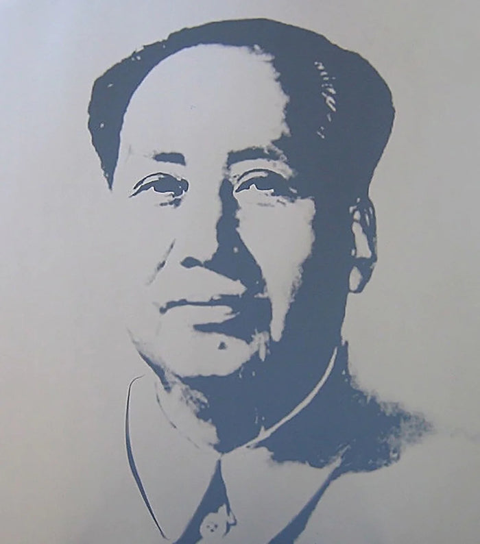 this is an image of a sunday b morning print after andy warhol titled 'mao silver'. the artwork features a screenprint image of general mao on a silver backgroun, with navy shadows only creating the image of his face. this is a sunday b morning print for sale