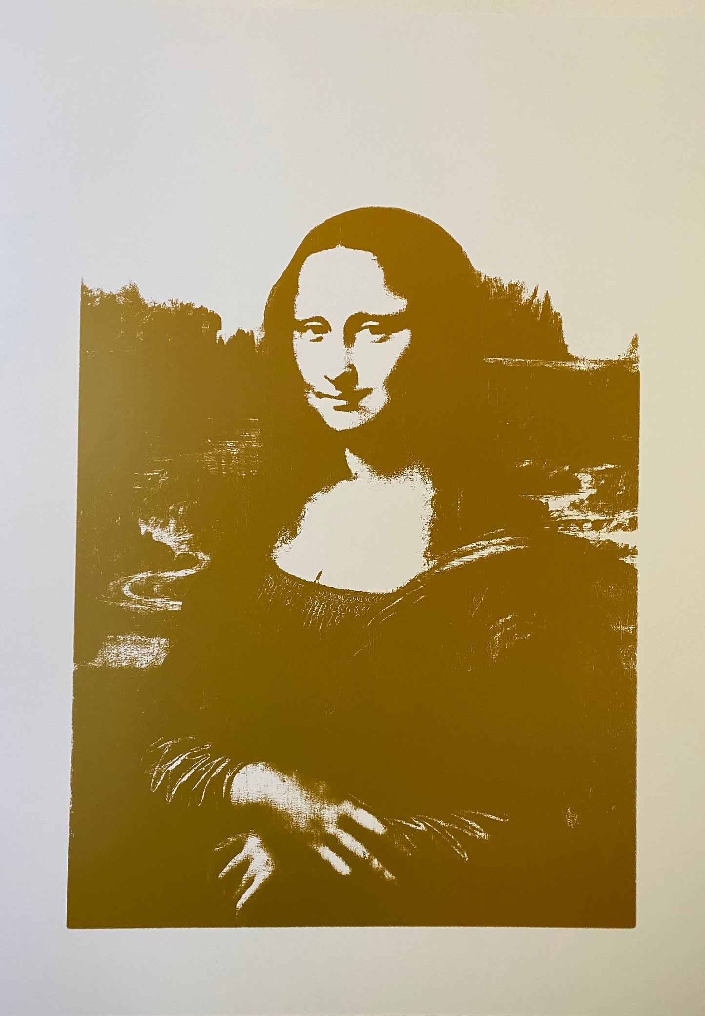 this is an image of a sunday b morning screenprint after andy warhol titled 'mona lisa gold on white'. this artwork features a screenprint image of the mona lisa in gold ink on a white background. this is a sunday b morning print for sale.