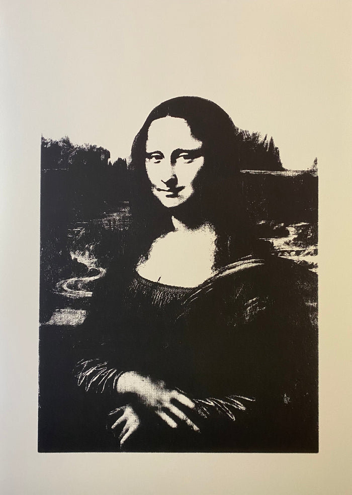 this is an image of a sunday b morning print after andy warhol titled 'mona lisa black on white'. the artwork features a screenprinted image of the famous mona lisa artwork on a white background, using black ink. this is a sunday b morning print for sale.