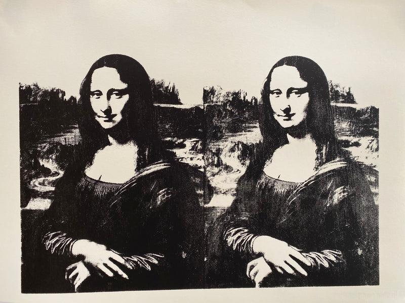 this is an image of a sunday b morning print after andy warhol titled 'mona lisa double black'. this artwork features two screenprints of the famous mona lisa in black ink on a white background. this is a sunday b morning print for sale