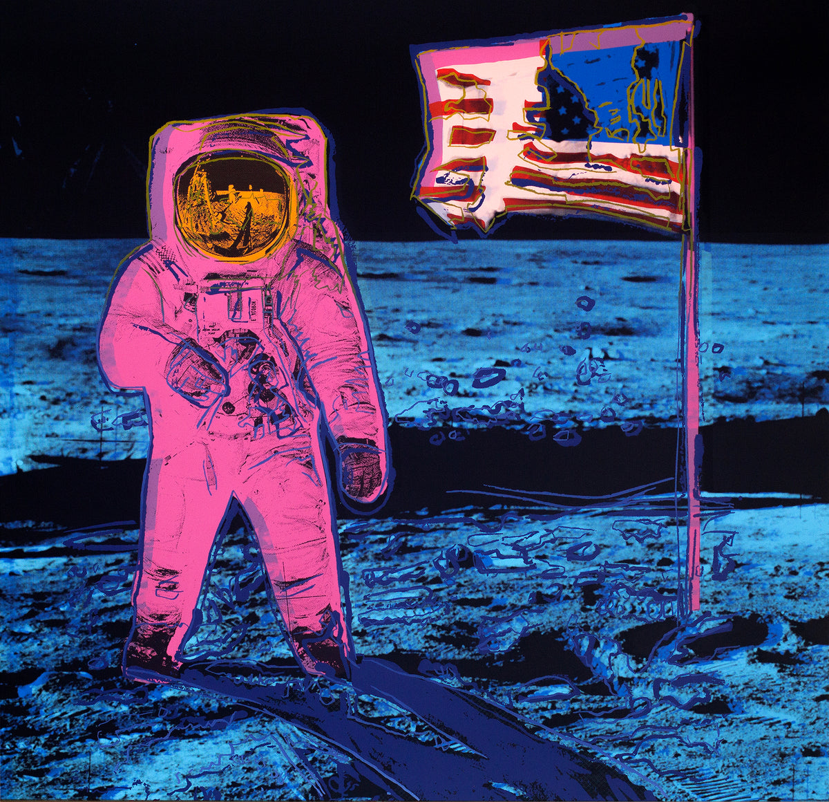 an image of a sunday b morning print after andy warhol titled 'moonwalk pink'. this artwork features a screenprint image of the moon landing colourised in pink and blue. this is a sunday b morning print for sale