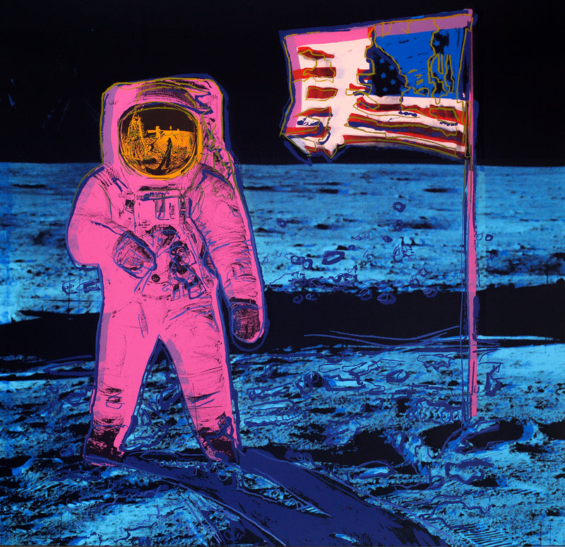 an image of a sunday b morning print after andy warhol titled 'moonwalk pink'. this artwork features a screenprint image of the moon landing colourised in pink and blue. this is a sunday b morning print for sale