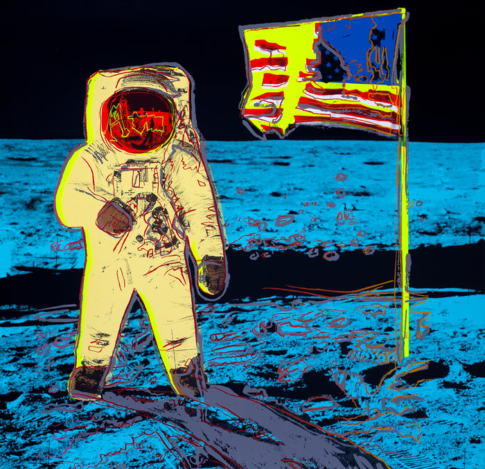 this is an image of a sunday b morning print after andy warhol titled 'moonwalk yellow'. this artwork features a screenprint of the moon landing photograph in yellow and blue. this is a sunday b morning print for sale