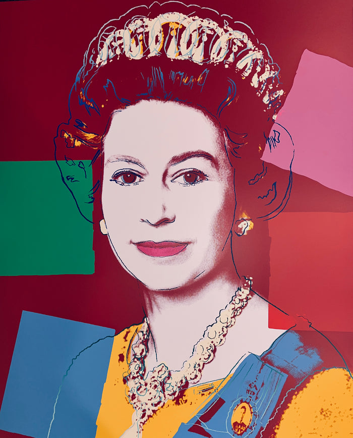 an image of an artwork by andy warhol titled 334 queen elizabeth II. the artwork features the queen's face in the centre, rendered in the classic screenprint pop art style of andy warhol. the queen's clothing is coloured in gold and blue, with her hair and crown outlined in varying shades of blue, cream, and gold. she is shown on a background of maroon, with four solid square blocks of colour: on the left, green and blue, on the right, pink and red. this image is of an andy warhol print by sunday b morning