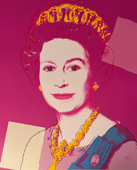 image of an andy warhol artwork titled '336 queen elizabeth II'. the work features a young queen elizabeth II in a pink pop-art hue, with blue and pink printed clothing and golden jewellery. she is on a background of fuchsia, with two solid squares of colour either side, one which is sand-coloured on the left, and one which is blush coloured on the right. this is a sunday b morning print