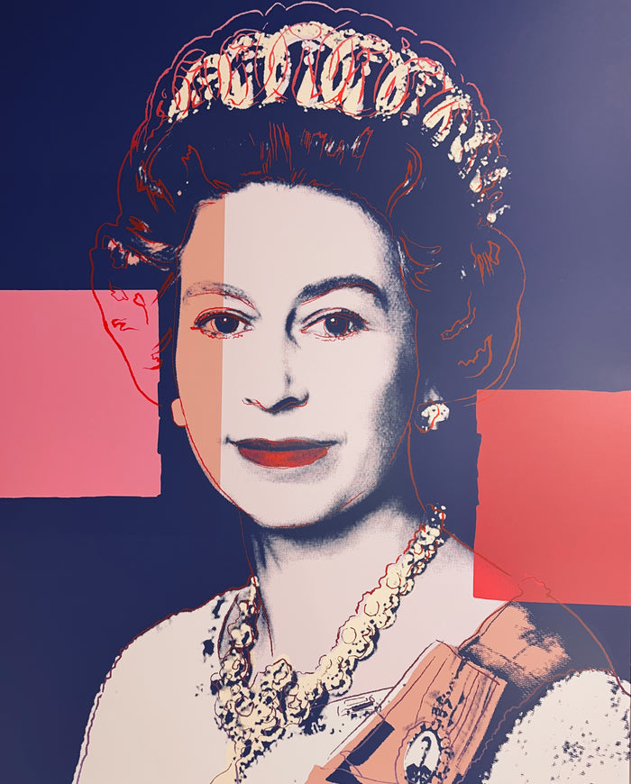 an image of an andy warhol artwork titled '337 queen elizabeth II'.  the image features a young queen elizabeth II in the centre, colourised in navy blue, and on a navy blue background. her clothes are cream, sand, and orange in colour. the background features two solid blocks of colour, one which is pink on the left and one which is red on the right. this is a sunday b morning print