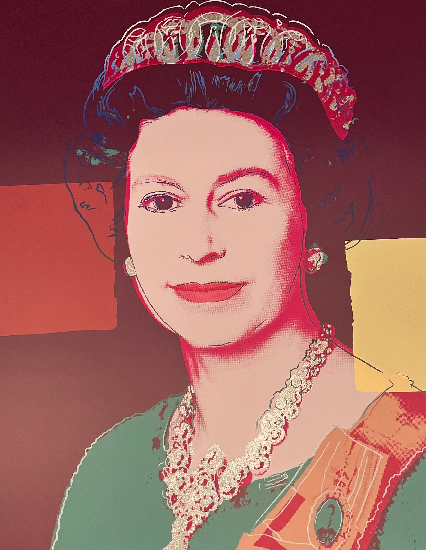 this is an image of a sunday b morning print after andy warhol titled 'queen elizabeth II diamond dust'. this artwork features a screenprint image of queen elizabeth ii colourised in green, red, and yellow. this is a sunday b morning print for sale