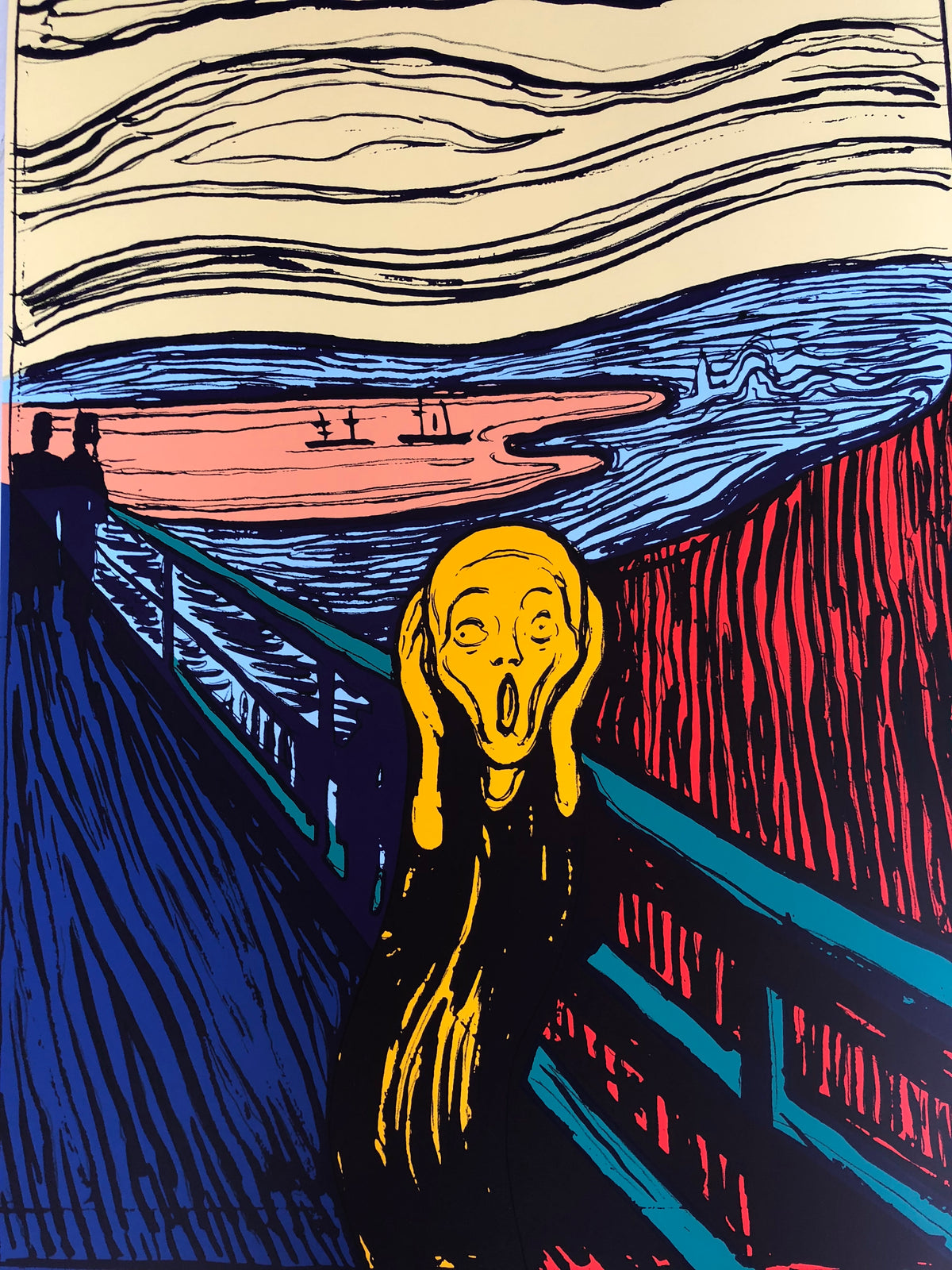 an image of an artwork by andy warhol titled "munch's the scream orange". the artwork features an etched or stencilled image of the famous 'the scream' painting. this colourway features rich blues and yellow and red accents. this is a sunday b morning print for sale