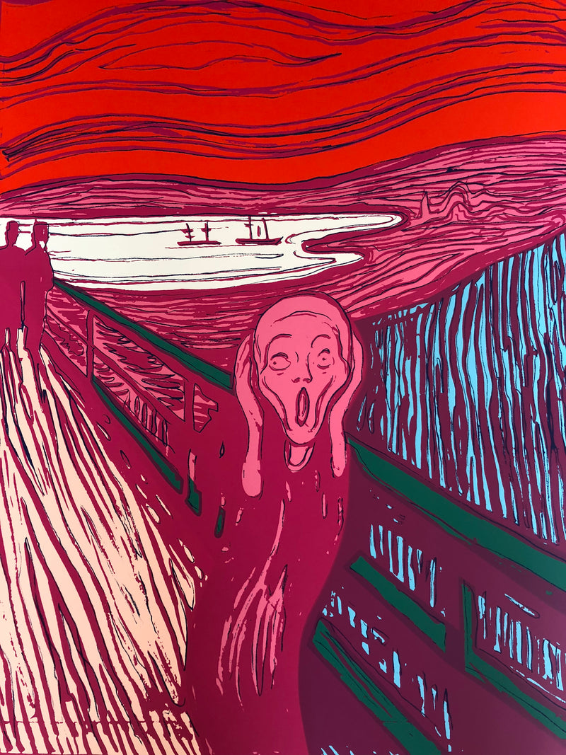 An image of an artwork by Andy Warhol titled 'Munch's The Scream Pink'. The artwork features an etched or stencilled version of the famous 'The Scream' artwork, in a colourway which features predominantly pink and purple hues, as well as red, blue, and green accenting. This is a sunday b morning printo