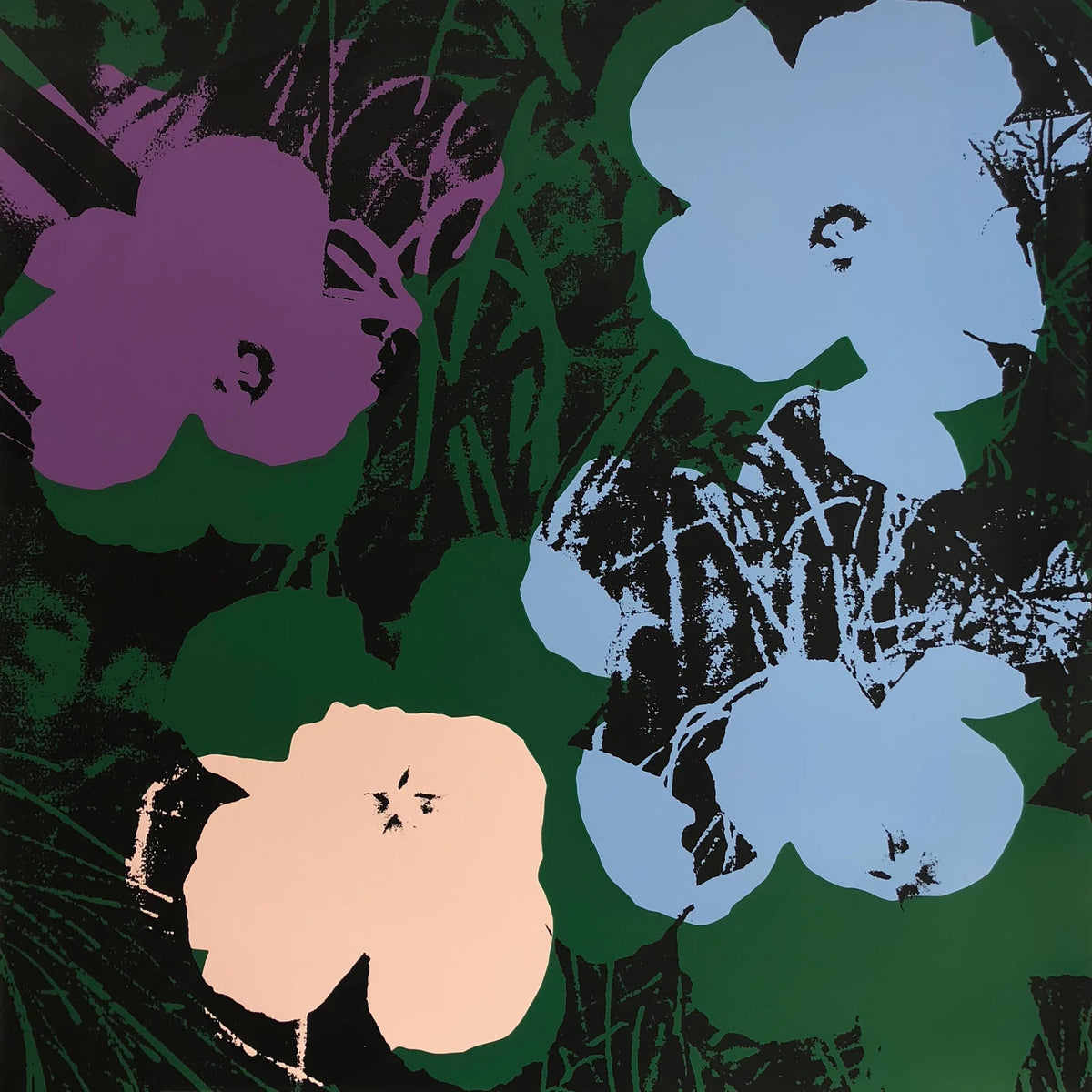 an artwork by andy warhol titled 'flowers 11:64', printed by sunday b morning. the artwork features four flowers on a green and black background, with the four flowers being purple, blue, and cream in colour. this is a sunday b morning print for sale