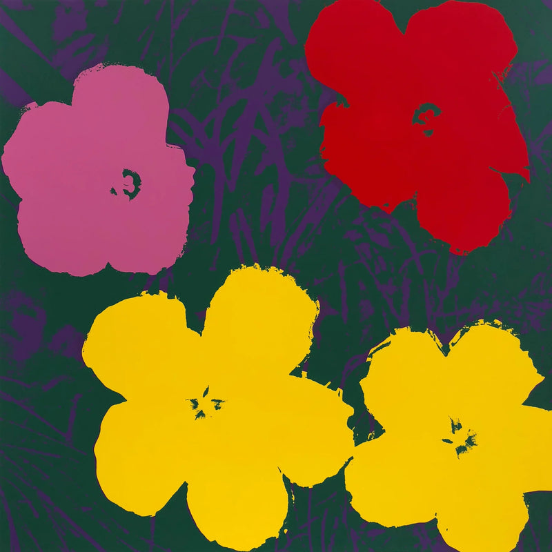 an image of an andy warhol artwork titled 'flowers 11:65', issued by sunday b morning. the artwork features four flowers on a dark green and purple background. the flowers are pink, red, and yellow. this is a sunday b morning print