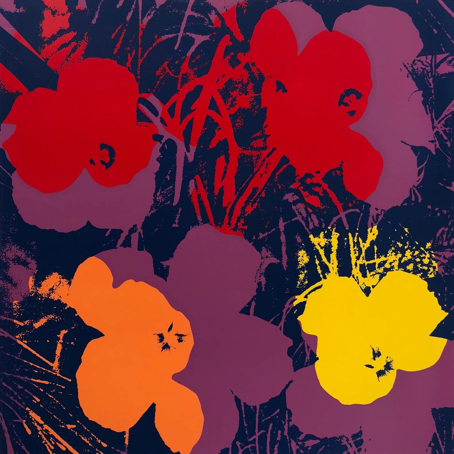 An image of an artwork by Andy Warhol titled 'Flowers 11:66' featuring Andy Warhol's iconic flowers screenprint in navy, purple, red, orange, and yellow. this is a sunday b morning print for sale.