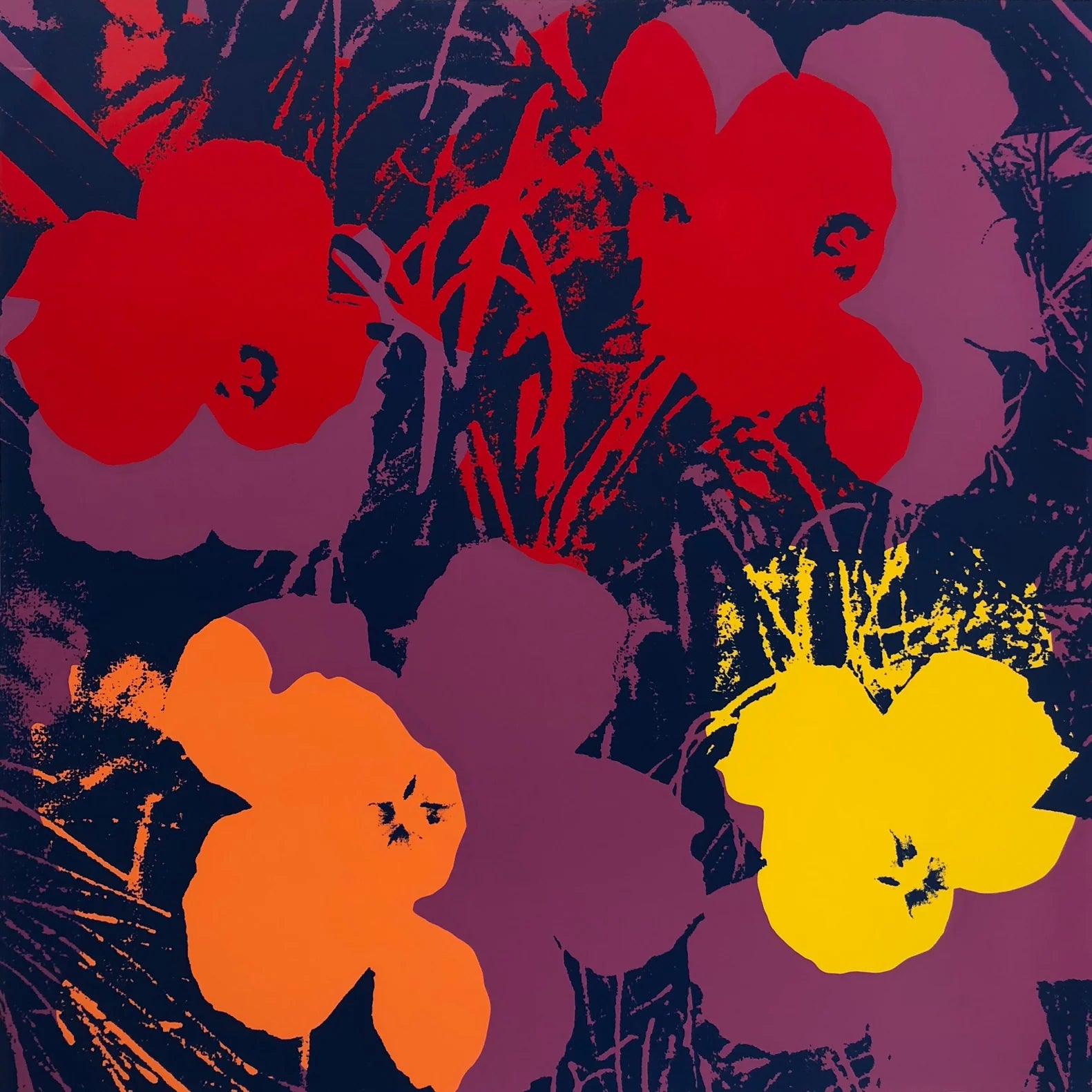 An image of an artwork by Andy Warhol titled 'Flowers 11:66' featuring Andy Warhol's iconic flowers screenprint in navy, purple, red, orange, and yellow. this is a sunday b morning print for sale.