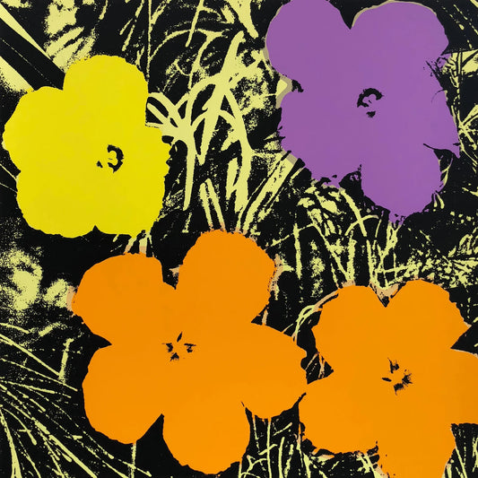 this is an image of a sunday b morning print after andy warhol, titled 'flowers 11:67'. this artwork features a black and yellow grassy background, with four flowers superimposed in yellow, purple, and orange. this is a sunda b morning print for sale