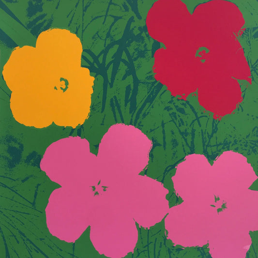 image of a sunday b morning print after andy warhol titled 'flowers 11:68'. the artwork is the famous andy warhol flowers in a green, red, yellow, and pink colourway. this is a sunday b morning print