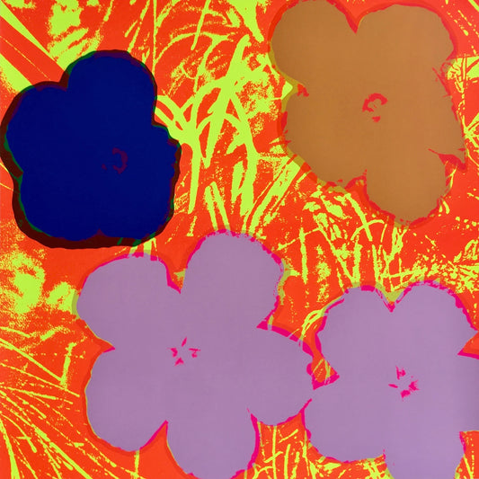 this is an image of a sunday b morning print after andy warhol, titled 'flowers 11:69'. the artwork features an orange and yellow background with four flowers superimposed in blue, brown, and purple. this is a sunday b morning print