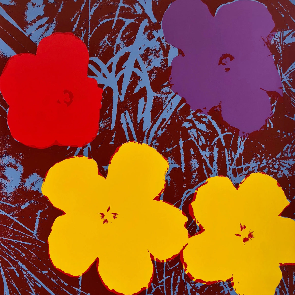 this is an image of a sunday b morning print after an andy warhol artwork titled 'flowers 11:71'. the artwork features andy warhol's flowers ona grassy background. the background is blue and black, with red, blue, and yellow flowers superimposed. this is a sunday b morning print for sale