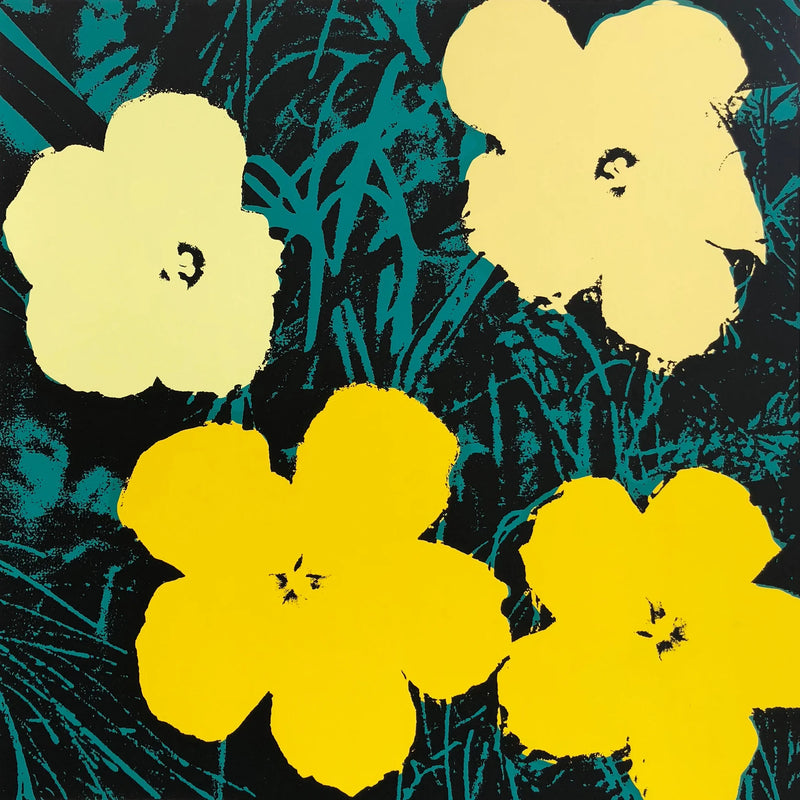 this is an image of an andy warhol artwork issued by sunday b morning titled 'flowers 11:72'. the artwork features four yellow flowers screenprinted on a background of black and green grass. this is a sunday b morning print for sale