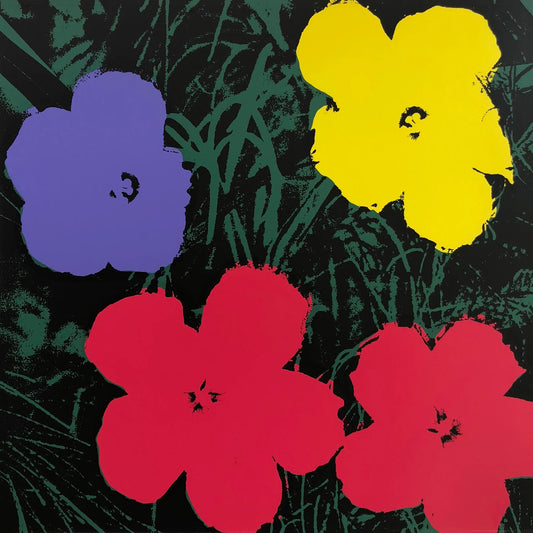 this is an image of a sunday b morning print after andy warhol artwork titled 'flowers 11:73'. the artwork features four flowers atop a grassy background. the background is green and black, with the flowers in blue, yellow, and red. this is a sunday b morning print for sale