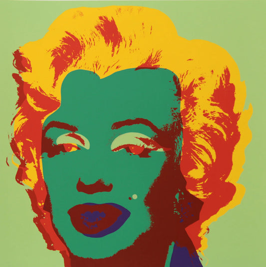 this is an image of a sunday b morning print after andy warhol titled 'marilyn 11:25'. the artwork features a screenprint of marilyn monroe's face on a green background with bright yellow hair, green face, and red shadows. this is a sunday b morning print for sale