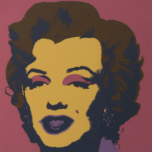 this is an image of a sunday b morning print after andy warhol titled 'marilyn 11:27'. the artwork features a screenprint of marilyn monroe's face on a purple background, with her face in yellow, and brown hair. this is a sunday b morning print for sale.