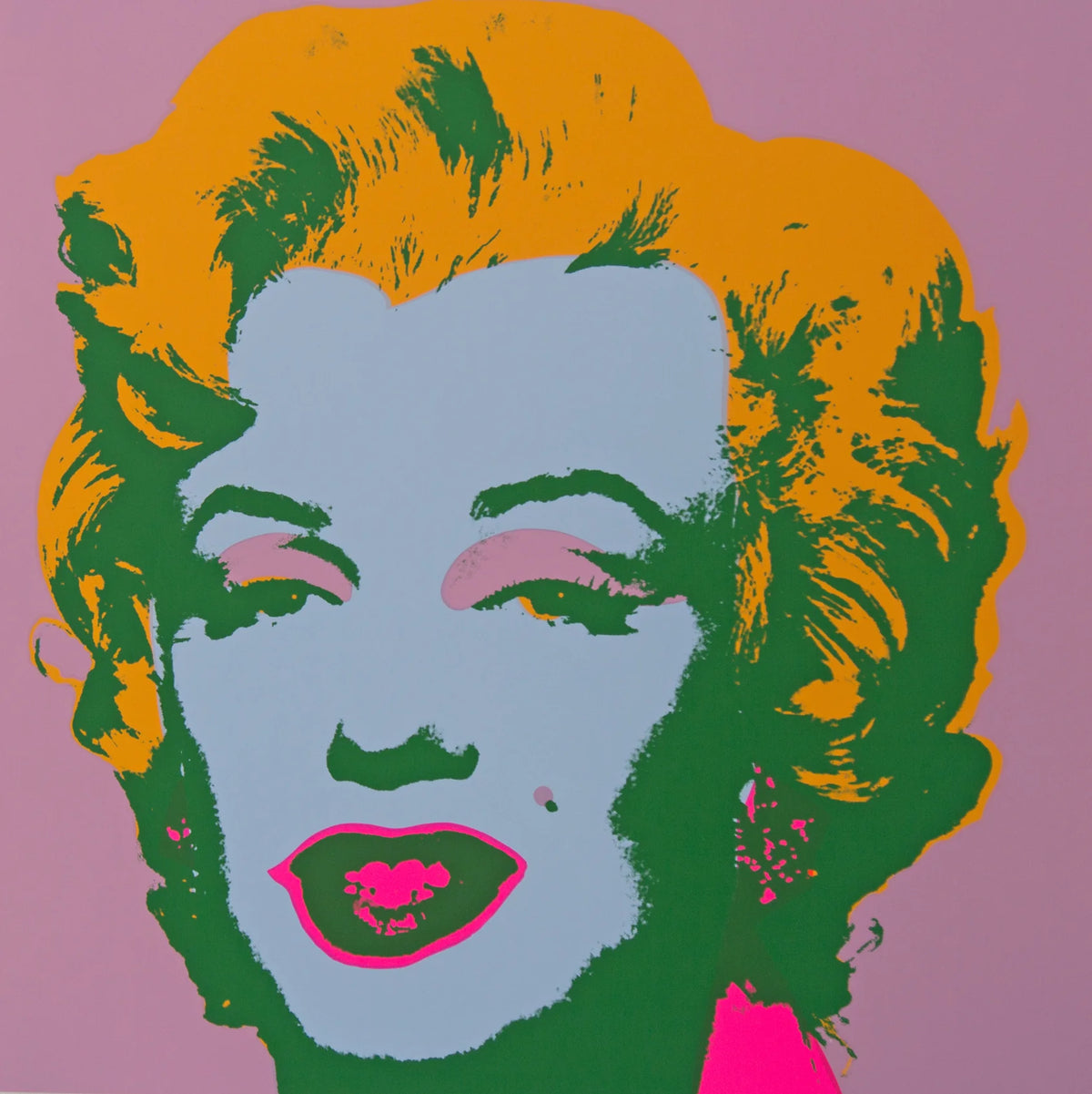 this is an image of a sunday b morning print after andy warhol titled 'marilyn 11:28'. the artwork features a screenprint of marilyn monroe's face on a lilac background with a blue face and yellow hair. this is a sunday b morning print for sale