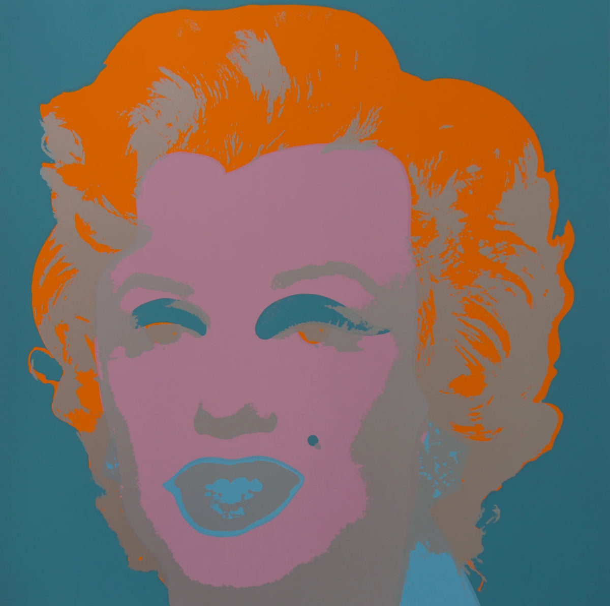 this is an image of a sunday b morning print after andy warhol titled 'marilyn 11:29'. the artwork features a grey screenprint of marilyn monroe's face on a background of teal, orange and lilac. this is a sunday b morning print for sale