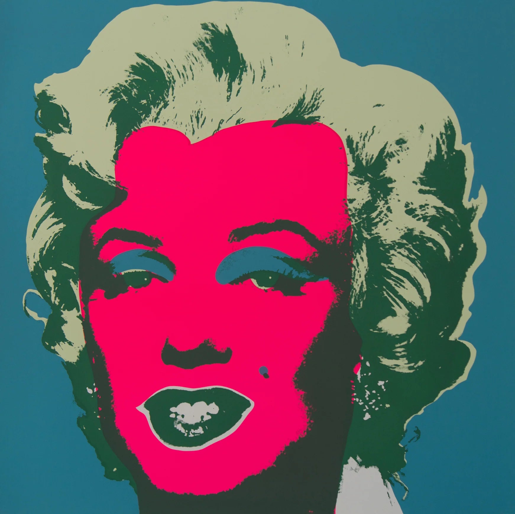 this is an image of a sunday b morning print after andy warhol titled 'marilyn 11:30'. the artwork features a screenprint of marilyn monroe's face on a teal background with a fuchsia face and sage green hair. this is a sunday b morning print for sale