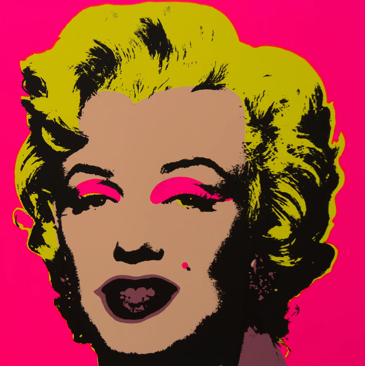 this is an image of a sunday b morning print by andy warhol titled 'marilyn 11:31'. the artwork features a screenprint of marilyn monroe's face on a fuchsia background with yellow hair and a beige face. this is a sunday b morning andy warhol marilyn monroe print for sale.