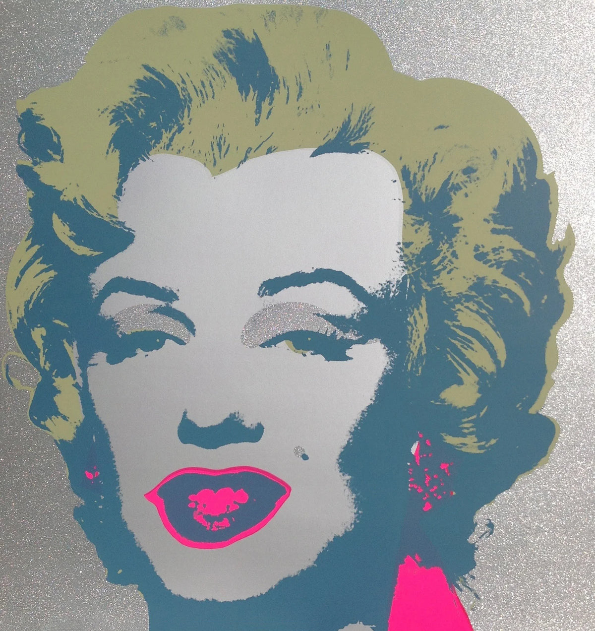 this is an image of a sunday b morning print after andy warhol titled 'marilyn diamond dust'. this artwork features a screenprint of marilyn monroe's face on a diamond dust background, with pink lips. this is a sunday b morning marilyn monroe diamond dust print for sale