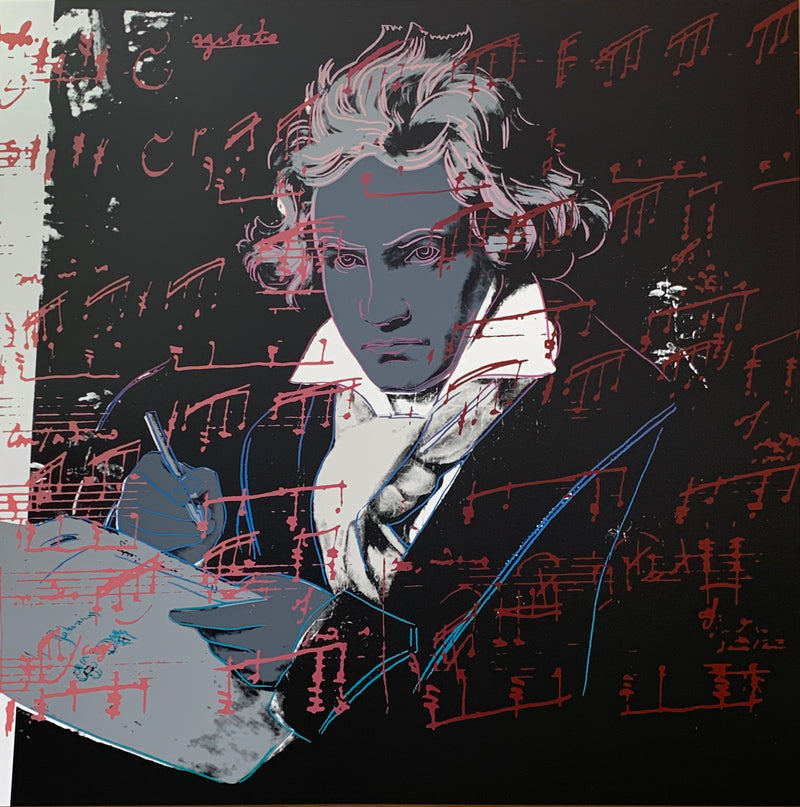 an image of an andy warhol artwork titled 'beethoven 391'. the artwork features an image of beethoven in the centre, colourised with grey skin, hair, and writing equipment. his shirt is white, with a grey scarf and black jacket. the background is mostly black, excepting a small white section on the left. there is an overlay of red musical notation. this is a sunday b morning print