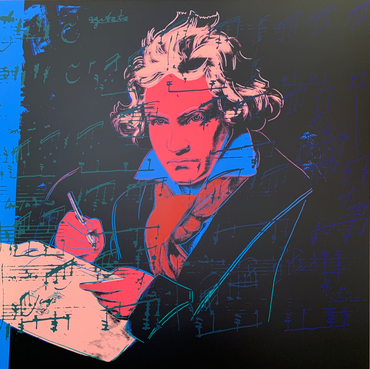 an image of the andy warhol artwork titled beethoven 392. the image features a colourised image of beethoven in the centre, with red skin, yellow hair and writing equipment, a blue shirt and red scarf. the background is mostly black, with some blue at the left side. there is overlayed musical notation in both green and blue. this is a sunday b morning print