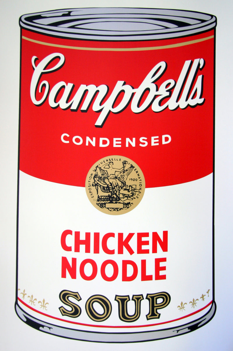 an image of an andy warhol artwork titled 'campbells chicken noodle soup'. the image features a cartoon-like, pop art depiction of a soup can, with the text 'Campbell's Condensed CHicken Noodle Soup'. this is a sunday b morning print